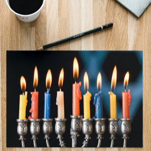 Kleurrijke Hanukkah Menora Kaarsen Vakantie Feestdagen Kaart