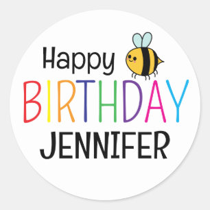 Kleurrijke Happy Birthday Bee gepersonaliseerd Ronde Sticker