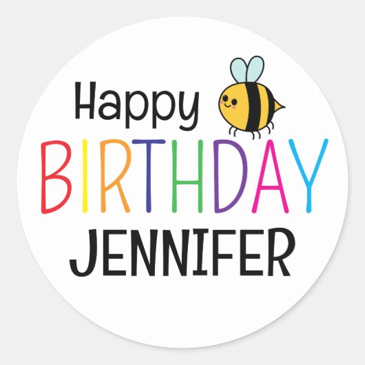 Kleurrijke Happy Birthday Bee gepersonaliseerd Ronde Sticker (Voorkant)
