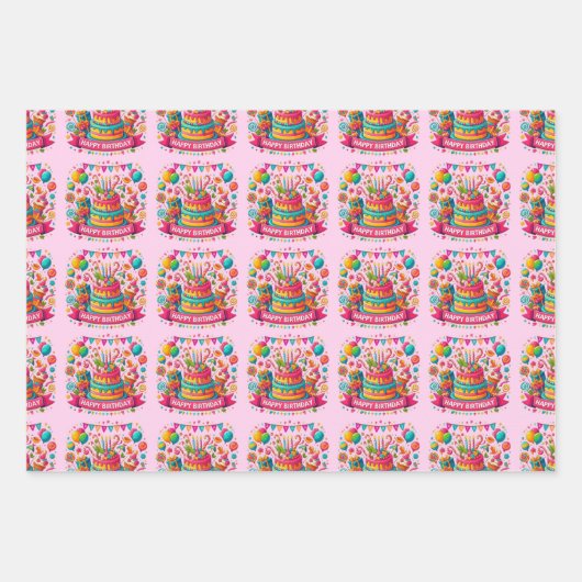 Kleurrijke Happy Birthday Cake Celebration Inpakpapier Vel (Voorkant 3)