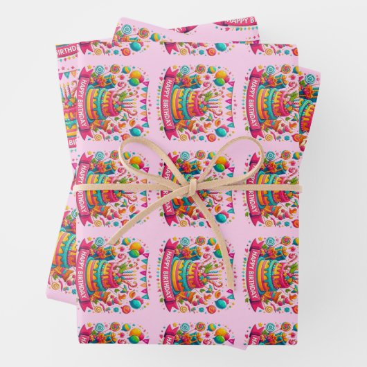 Kleurrijke Happy Birthday Cake Celebration Inpakpapier Vel (In situ)