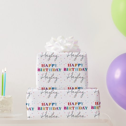 Kleurrijke Happy Birthday Custom Name Confetti Cadeaupapier (Feestgeschenken)