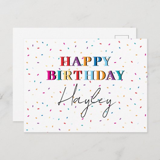 Kleurrijke Happy Birthday Custom Name Confetti Feestdagenkaart (Voorkant / Achterkant)