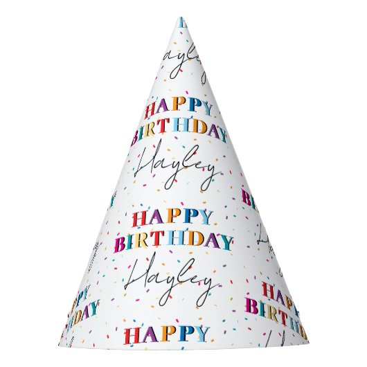 Kleurrijke Happy Birthday Custom Name Confetti Feesthoedjes (Voorkant)
