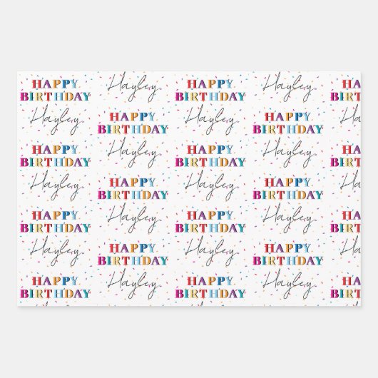 Kleurrijke Happy Birthday Custom Name Confetti Inpakpapier Vel (Voorkant 3)