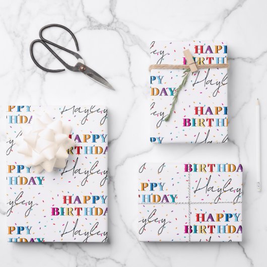 Kleurrijke Happy Birthday Custom Name Confetti Inpakpapier Vel (Voorkant)