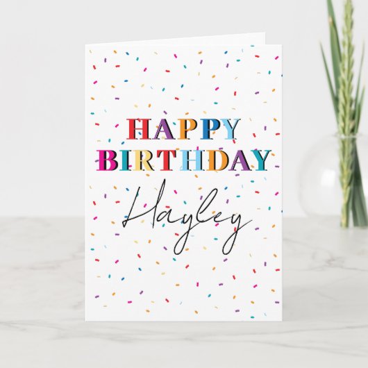 Kleurrijke Happy Birthday Custom Name Confetti Kaart (Voorkant)