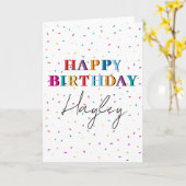 Kleurrijke Happy Birthday Custom Name Confetti Kaart (Gele Bloem)
