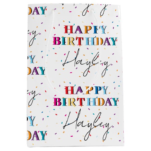 Kleurrijke Happy Birthday Custom Name Confetti Medium Cadeauzakje (Voorkant)
