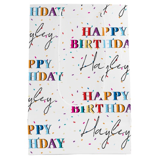 Kleurrijke Happy Birthday Custom Name Confetti Medium Cadeauzakje (Achterkant)