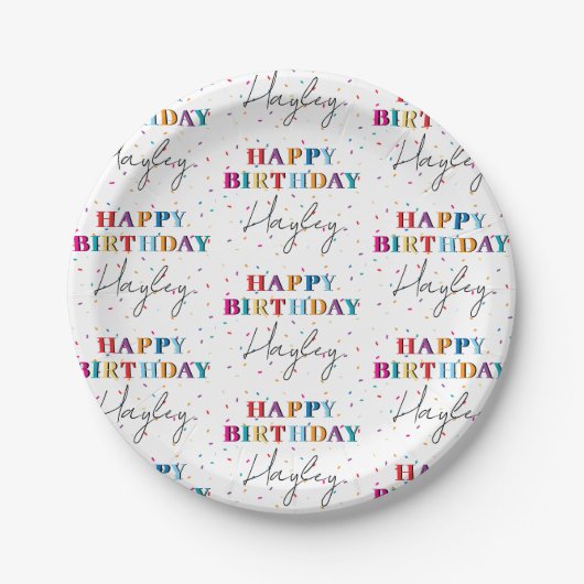 Kleurrijke Happy Birthday Custom Name Confetti Papieren Bordje (Voorkant)
