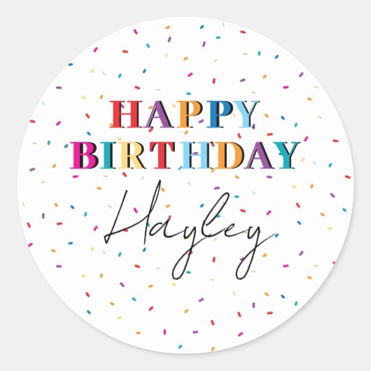 Kleurrijke Happy Birthday Custom Name Confetti Ronde Sticker (Voorkant)