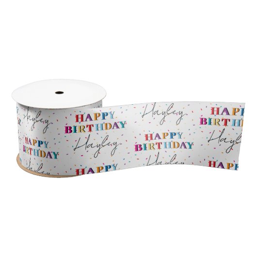 Kleurrijke Happy Birthday Custom Name Confetti Satijnen Lint (Spoel)