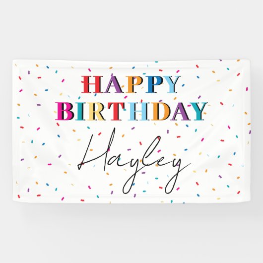Kleurrijke Happy Birthday Custom Name Confetti Spandoek (Horizontaal)