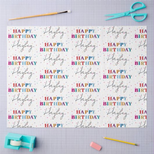 Kleurrijke Happy Birthday Custom Name Confetti Tissuepapier (Craft)