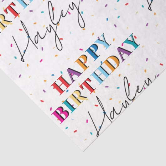Kleurrijke Happy Birthday Custom Name Confetti Tissuepapier (Detail)