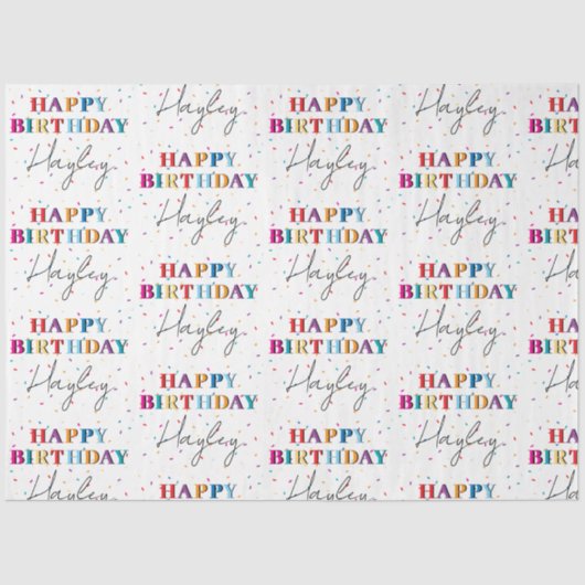 Kleurrijke Happy Birthday Custom Name Confetti Tissuepapier (Voorkant)