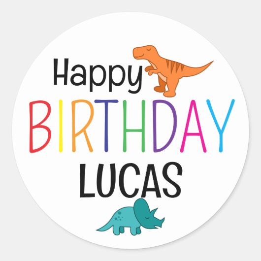 Kleurrijke Happy Birthday-dinosaurus gepersonalise Ronde Sticker (Voorkant)