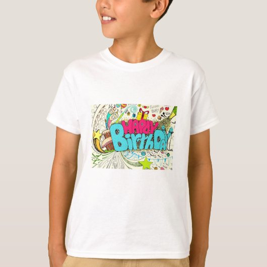 Kleurrijke Happy Birthday Doodle met Party Element T-shirt (Voorkant)