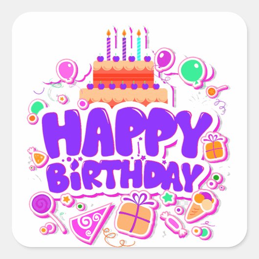 Kleurrijke Happy Birthday groet met taart Vierkante Sticker (Voorkant)