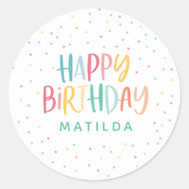 Kleurrijke happy birthday met polka stippen ronde sticker