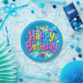 Kleurrijke "Happy Birthday" Paint Splatter Papieren Bordje (Feest)
