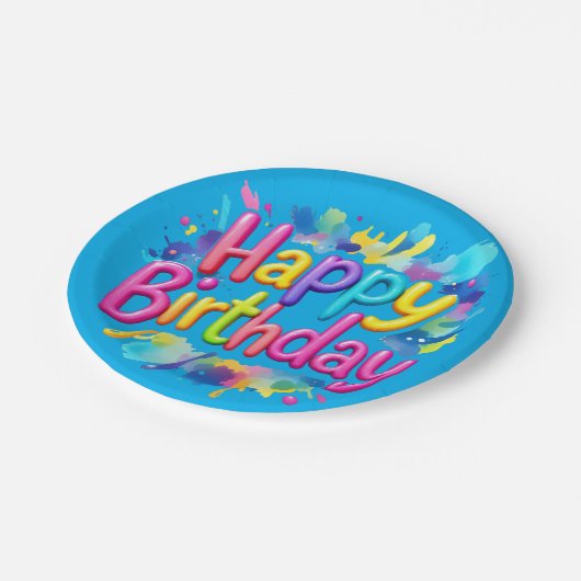Kleurrijke "Happy Birthday" Paint Splatter Papieren Bordje (Gekanteld)