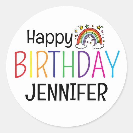 Kleurrijke Happy Birthday Rainbow gepersonaliseerd Ronde Sticker (Voorkant)