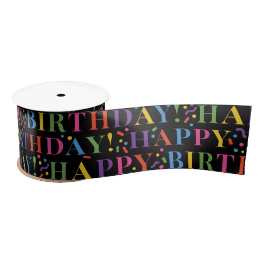 Kleurrijke Happy Birthday Text Confetti op zwart Satijnen Lint (Spoel)