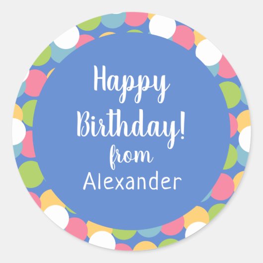 Kleurrijke Happy Birthday van Name Blue Ronde Sticker (Voorkant)
