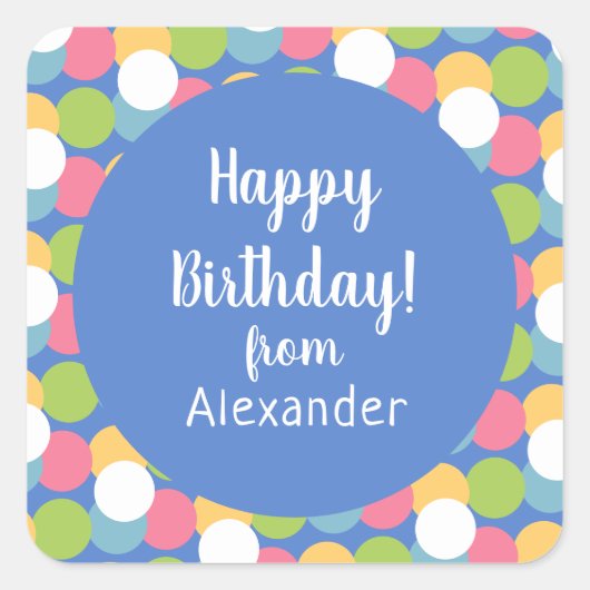 Kleurrijke Happy Birthday van Name Blue Vierkante Sticker (Voorkant)
