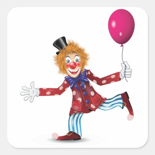 Kleurrijke Happy Clown met Ballon Fun Circus Vierkante Sticker (Voorkant)