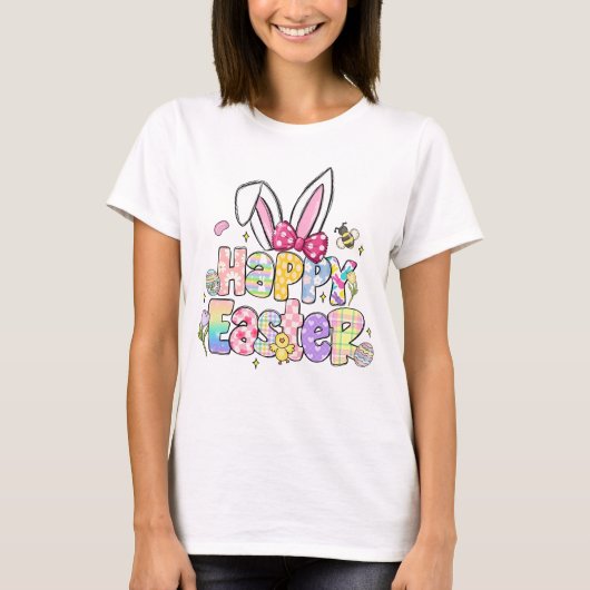 Kleurrijke Happy Easter Bunny Floral Spring T-shirt (Voorkant)