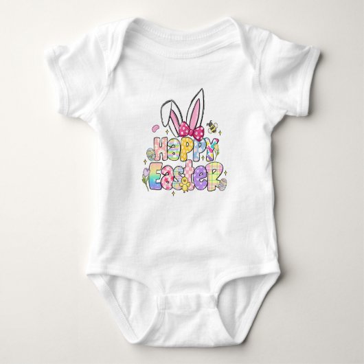 Kleurrijke Happy Easter Bunny Oren met Strik Romper (Voorkant)