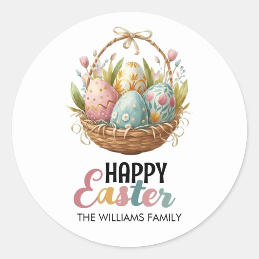Kleurrijke Happy Easter Egg Basket Waterverf Ronde Sticker (Voorkant)
