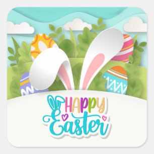 Kleurrijke Happy Easter-feest Konijn Oren en Ei Vierkante Sticker
