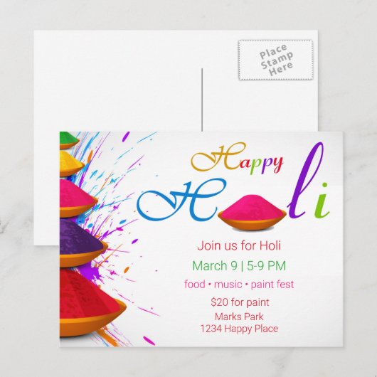 Kleurrijke Happy Holi poeders verfuitnodiging Briefkaart (Voorkant / Achterkant)