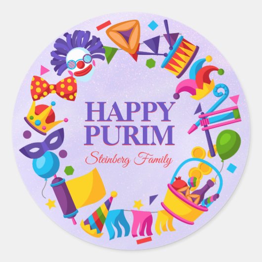 Kleurrijke Happy Purim Stickers (Voorkant)