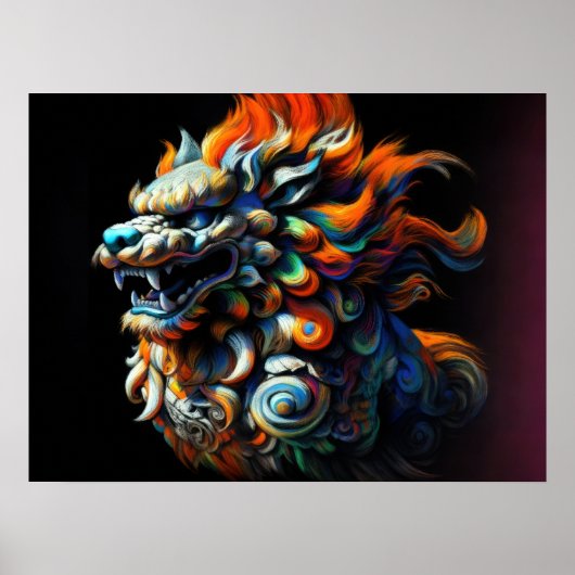 Kleurrijke harde pastel tekening Chinese foo hond Poster (Voorkant)