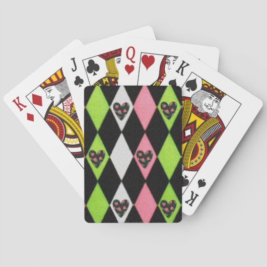 Kleurrijke Harlekijnprint met Rozenharten Speelkaarten (Achterkant)