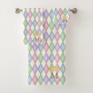 Kleurrijke Harlequin Print Monogram met kroon Bad Handdoek