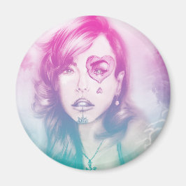 Kleurrijke hart oog meisje, Ronde Magneet - Regenb