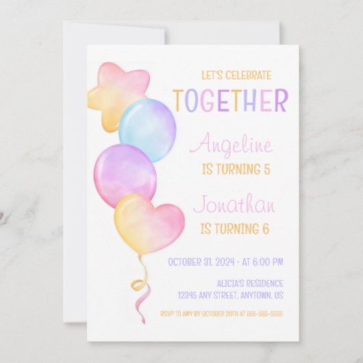 Kleurrijke Hart Ster Ballon Joint Verjaardag Kaart (Voorkant)