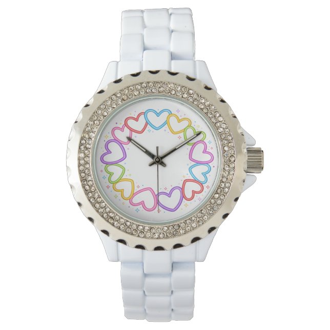 Kleurrijke harten aan elkaar gekoppeld -Harten Horloge (Voorkant)