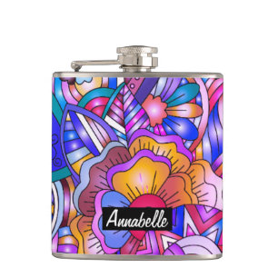 Kleurrijke harten en bloemen abstract gepersonalis heupfles