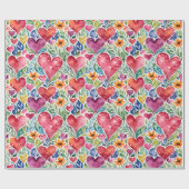 Kleurrijke harten en bloemen cadeaupapier (Vlak)