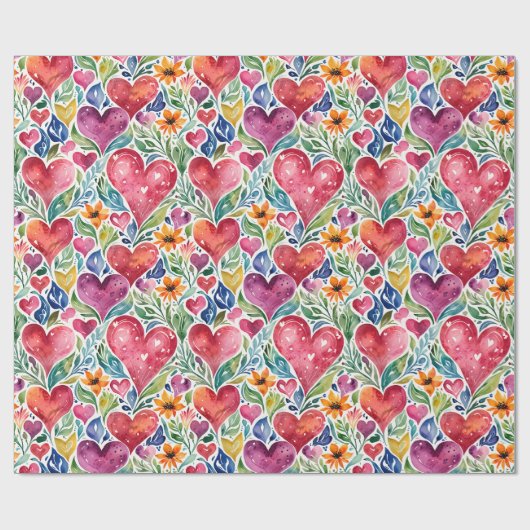 Kleurrijke harten en bloemen cadeaupapier (Vlak)