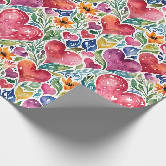 Kleurrijke harten en bloemen cadeaupapier (Hoek)