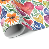 Kleurrijke harten en bloemen cadeaupapier (Rol Hoek)