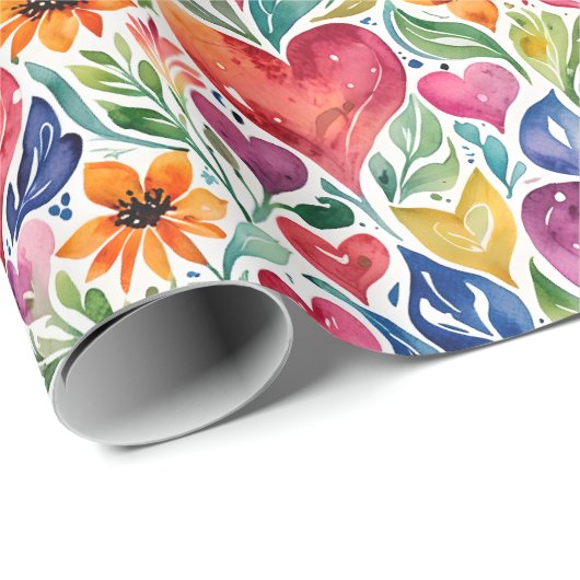 Kleurrijke harten en bloemen cadeaupapier (Rol Hoek)